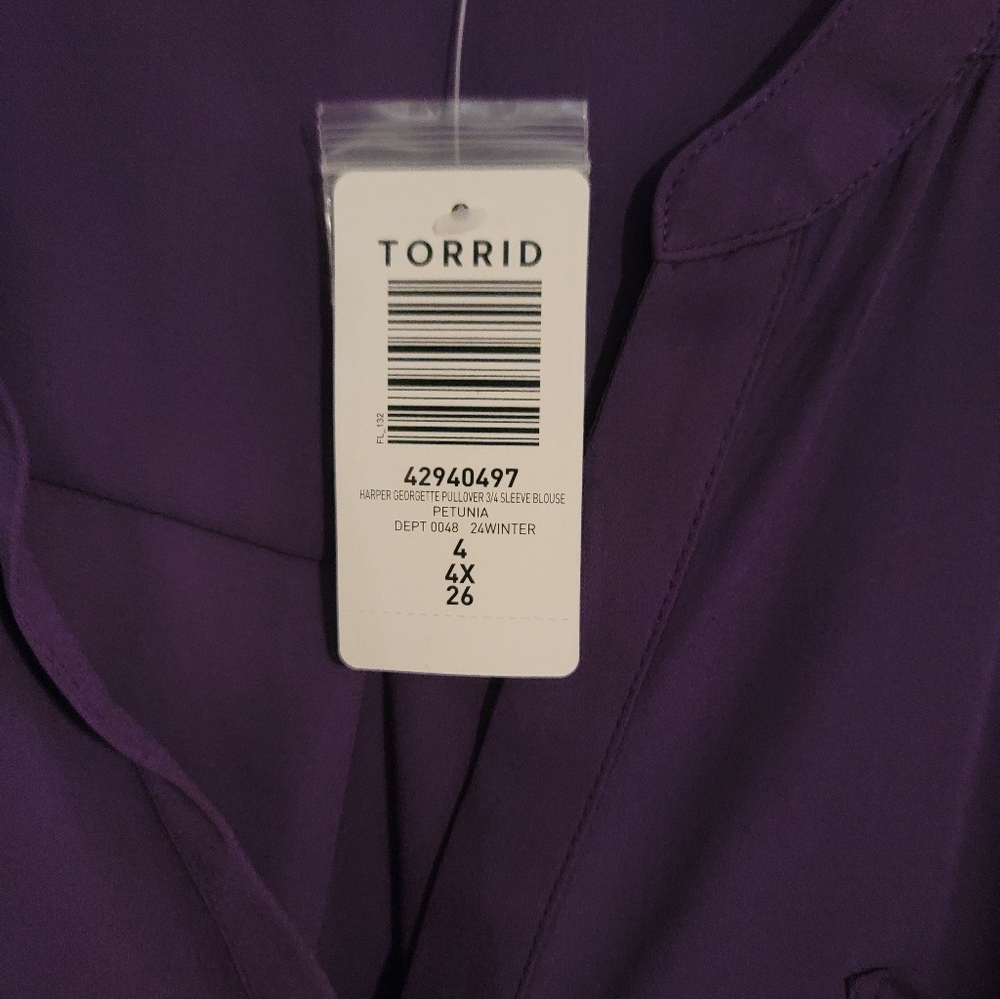 Torrid NWT Size 4 Harper Georgette 3/4 Sleeve Deep Purple Blouse - Picture 7 of 8